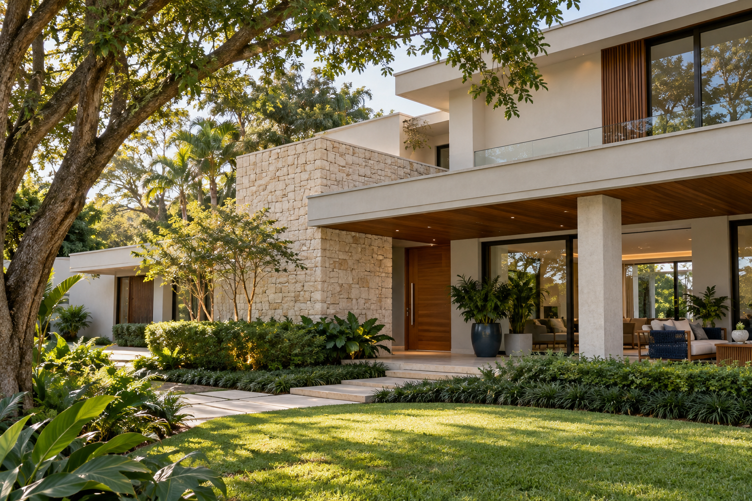 Casa residencial de alto padrão com jardim, ilustrando a proteção do bem de família contra a penhora