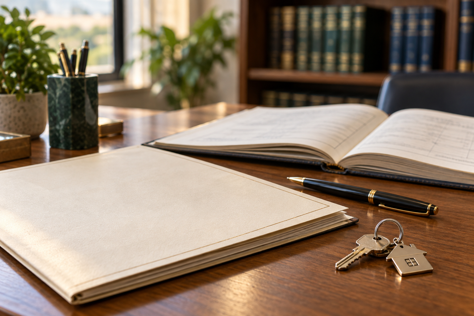 escritura de doação de imóvel sobre mesa de trabalho ao lado de livro de registro de imóveis.